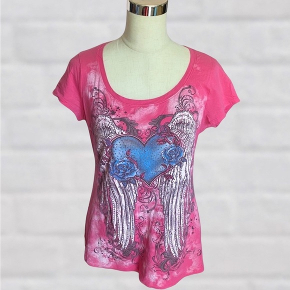 Ransom Pink and Blue Graphic Tee Angel Wings and Heart - Picture 1 of 4